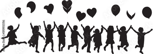 A diverse group of people celebrating with hearts and balloons in silhouette