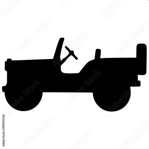 Black silhouette classic jeep side view, open top design, spare tire mounted at back, vector illustration, white background
