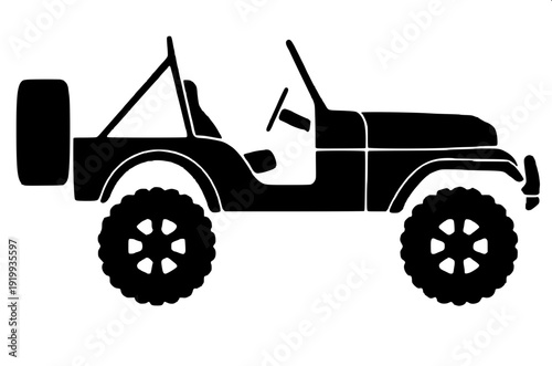 Black silhouette classic jeep side view, open top design, spare tire mounted at back, vector illustration, white background
