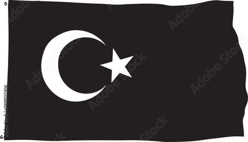 A black flag with a white crescent moon and star symbolizing unity and faith