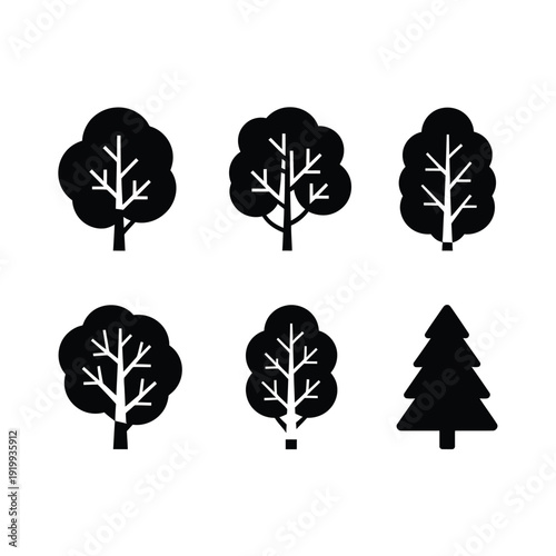 Five Deciduous Trees and One Evergreen Tree in Black and White Silhouette desig