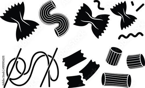 Stylized black and white silhouettes of pasta shapes including farfalle, fusilli, rigatoni, macaroni, spaghetti, and lasagna sheets, culinary food illustration for Italian cuisine, recipe design