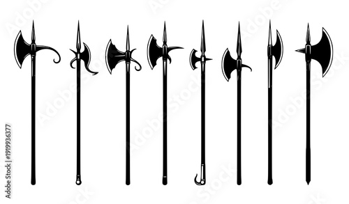 Medieval Halberd and Poleaxe Silhouette Vector Set – Heavy Infantry Weapon Icons