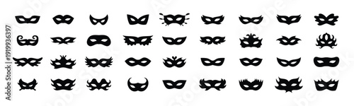 Carnival masks silhouettes icon set. Simple black icons masquerade mask, for party, parad, carnival, Halloween. Mask elements isolated sign, symbol
