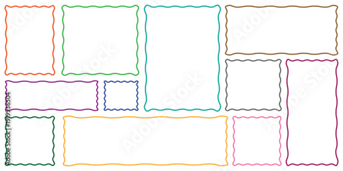 Rectangle shapes with curvy squiggly doodle lines. Zig zag wavy edge rectangle frame or border shapes set.  Set of Outline jagged rectangle shape. Geometric zig zag wavy edge stickers, frames, shapes.