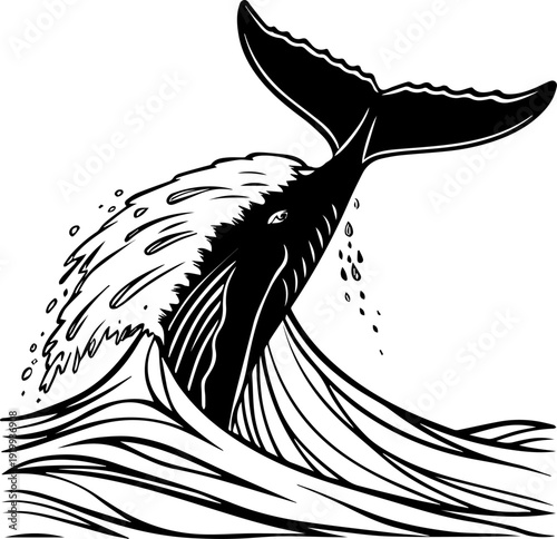 Black and white whale breaching with splash in ocean waves vector illustration
