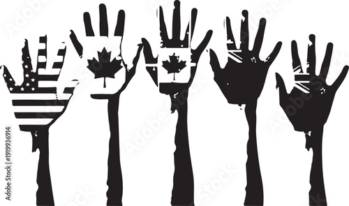 Diverse hands raised in unity with various symbols and patterns on them
