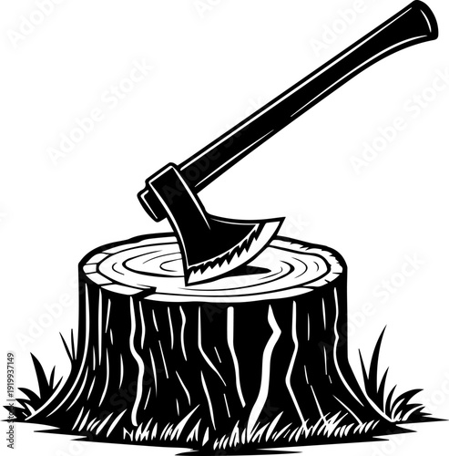 Axe in Tree Stump Black and White Vector Illustration