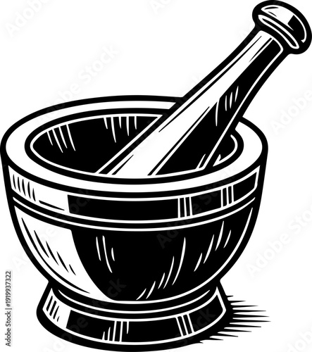 Mortar and Pestle Grinding Tool Black and White Vector Illustration