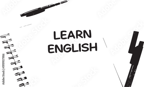 A creative composition of a pen, notebook, and lightning bolt with the phrase learn english.