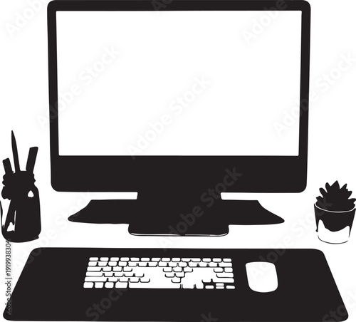 A sleek black computer setup with a monitor, keyboard, mouse, and decorative items