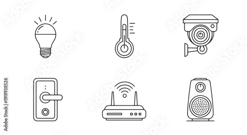 Clean Outline Stroke Vector Icon Pack of Smart Home Devices Bulb Thermostat Camera Door Lock Router Speaker