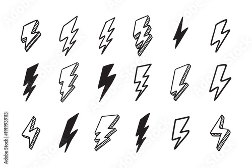 Hand drawn vector doodle electric lightning bolt set. Lightning symbol sketch symbol doodle icon.