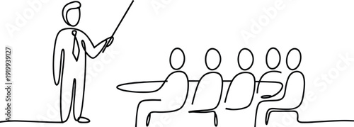 Line drawing stick figure teacher presenting with pointer to seated students in classroom lecture education training seminar vector illustration