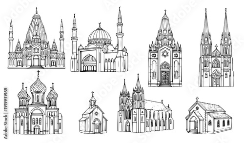 Hand Drawn Church Religious Building Icon Set with Mosque, Temple, Synagogue and Cathedral Vector Illustration