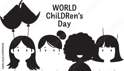Celebrating world children's day with diverse group of kids and black balloons