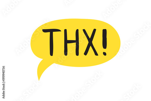 THX speech bubble yellow bright icon. Thank you hand drawn quote text. Doodle thx phrase.