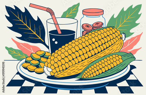 Sustainable Eating And Local Food Illustration Of Corn On The Cob Pickled Vegetables And Drink On A Table Representing Healthy Food Choices