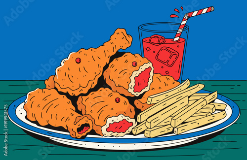 Unhealthy Eating Habits Illustration Of Fried Chicken French Fries And Sugary Drink On A Plate Representing Fast Food Consumption And Diet Choices