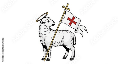 A detailed illustration of the Agnus Dei, a white lamb with a halo holding a staff with a flag featuring a red cross on a white background.