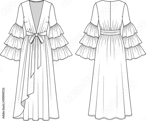 Tiered ruffle sleeve maxi dress front and back view fashion technical sketch cad drawing flat vector illustration for tech pack