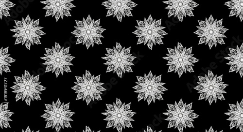 Snowflakes fall gently on dark background delicate white patterns winter wonderland scene frosty atmosphere holiday magic seasonal beauty monochrome design icy texture frozen