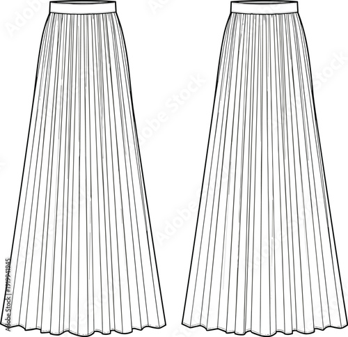 Pleated maxi skirt front and back view fashion technical sketch for tech pack cad drawing flat vector illustration apparel design