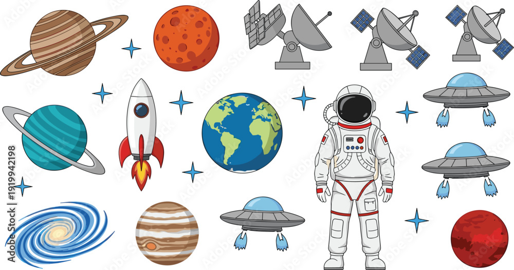 Fotografie Space exploration vector set featuring astronaut rocket ship planets earth mars