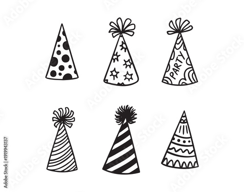 Festive party hats hand drawn doodle funny set. Party hats drawing outline elements set.
