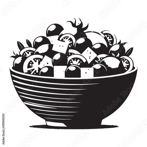 Black Greek Salad Silhouette Vector, High Quality Illustration on White Background