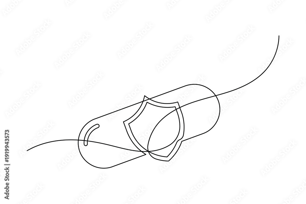 Fototapeta premium Medicine Pill with Shield Icon Continuous One Line Art Immune System Protection Healthcare Illustration
