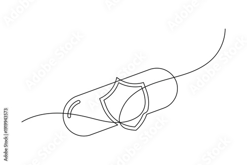 Medicine Pill with Shield Icon Continuous One Line Art Immune System Protection Healthcare Illustration
