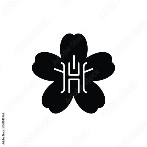 Black five petal flower with white kanji symbol in the center petals five petals
