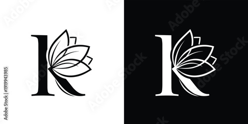 Letter K with Lotus Flower in Black and White Backgrounds monochrome floral typography