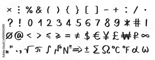 Scribble black special math symbols, numbers and signs. Symbols are handwritten characters from the keyboard