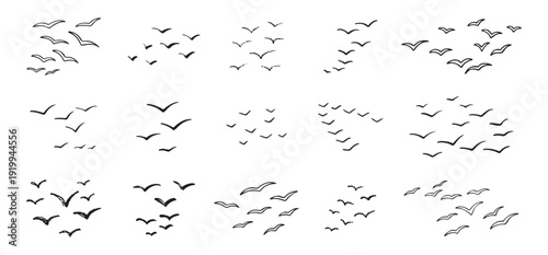 Birds flying line in the sky set. Ink grunge flock of birds afar brush hand drawn. markers and crayons