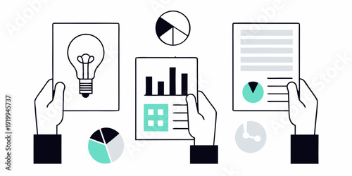 Hands holding papers with business and idea related graphics