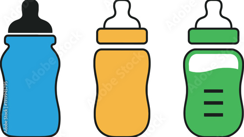 Baby bottle icon illustration set in different colors and styles