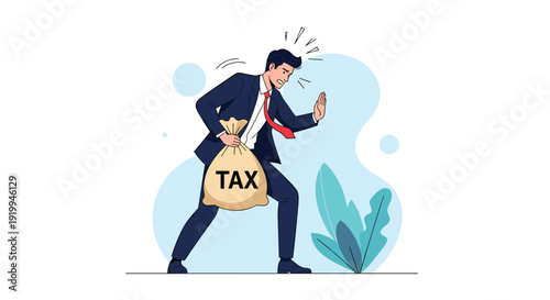 Stressed businessman struggling to carry a large heavy money bag with tax label symbolizing financial burden and debt.