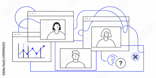 Virtual meeting with multiple screens displaying faces and data charts