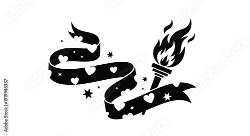 Black silhouette of a flaming torch accompanied by a decorative flowing ribbon adorned with white stars and hearts pattern.