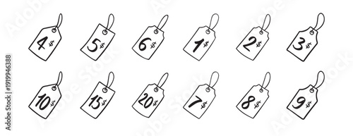 Dollar price tag numbers doodle hand drawn icon set. Outline drawing dollars price tag line clipart symbol. Isolated price tag