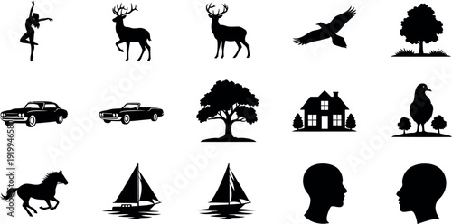 Collection of black silhouette including a dancer deer cars trees house bird horse sailboat and human heads