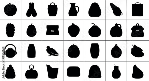Collection of black silhouette of fruits bags vases and on white background apple pear grapes blackberry