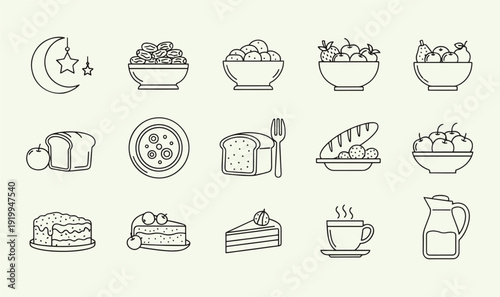 Premium Ramadan  Healthy Breakfast Icons - 15 Minimalist Line Art Graphics for Islamic Menus, Halal Food Blogs, Bakery Branding  Eid Celebration Visuals