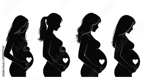 Black silhouette vector illustration of four pregnant women in different profile poses with white hearts on bellies, maternity, motherhood, and prenatal care concept,
