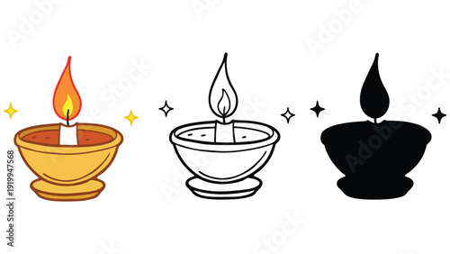 A colorful diya lamp illustration with a lit candle and sparkles