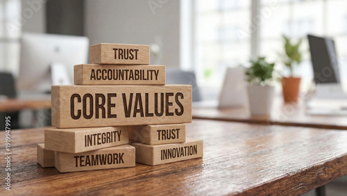 Corporate organizational core values of trust accountability integrity teamwork and innovation stacked as foundation blocks representing strong ethical business culture leadership principles and team 