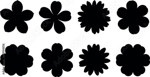Eight black silhouette flower shapes with varying petal counts and styles white