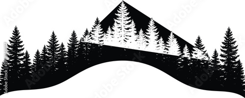 Black wolf silhouette howling at the crescent moon on a hill with grass, wildlife night scene, nature vector illustration